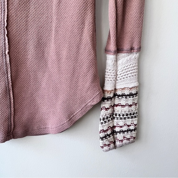 Free People Boho Tan Alpine Ski Lodge Thermal Knit Cuff Newbie Henley Size L - Picture 9 of 11
